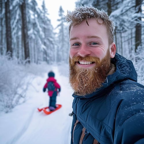 a young happy man standing in finnish forest with snow shoes, looking at the camera, snowy winter on the background, frost in his beard and eyelashes,