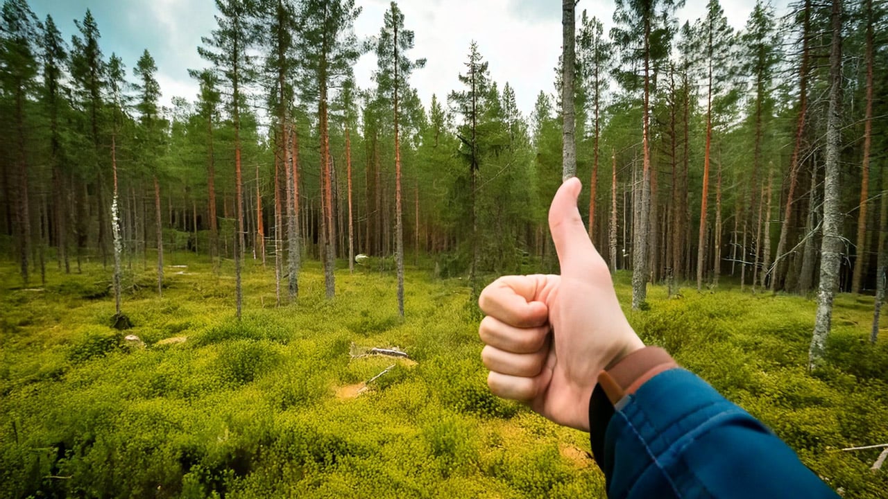 Peukalo näyttää ylöspäin, taustalla kesäistä mäntymetsää.