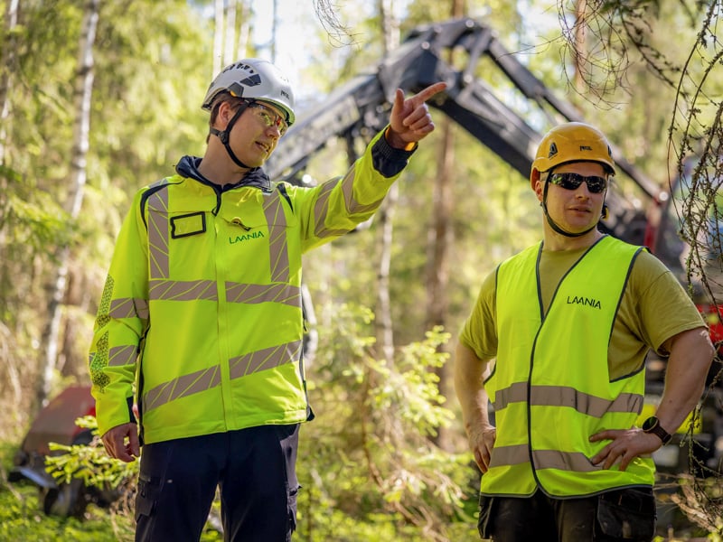 Metsäasiantuntija neuvoo metsäkoneen kuljettajaa työmaalla.