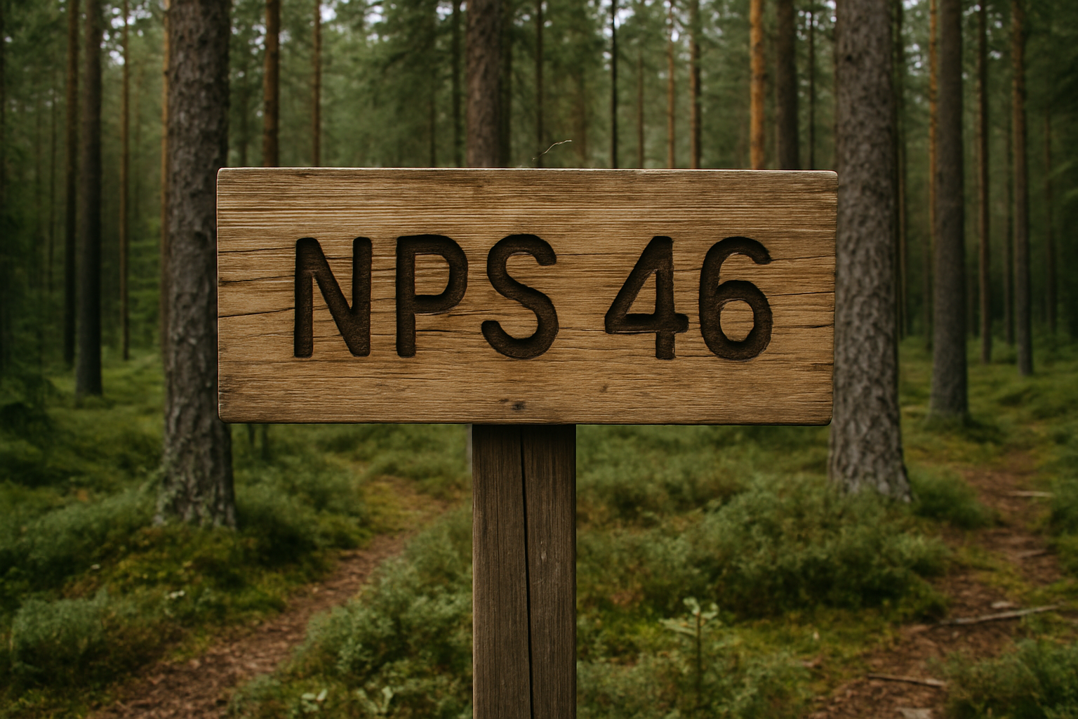 Wooden sign in Finnish forest stating NPS 46-1
