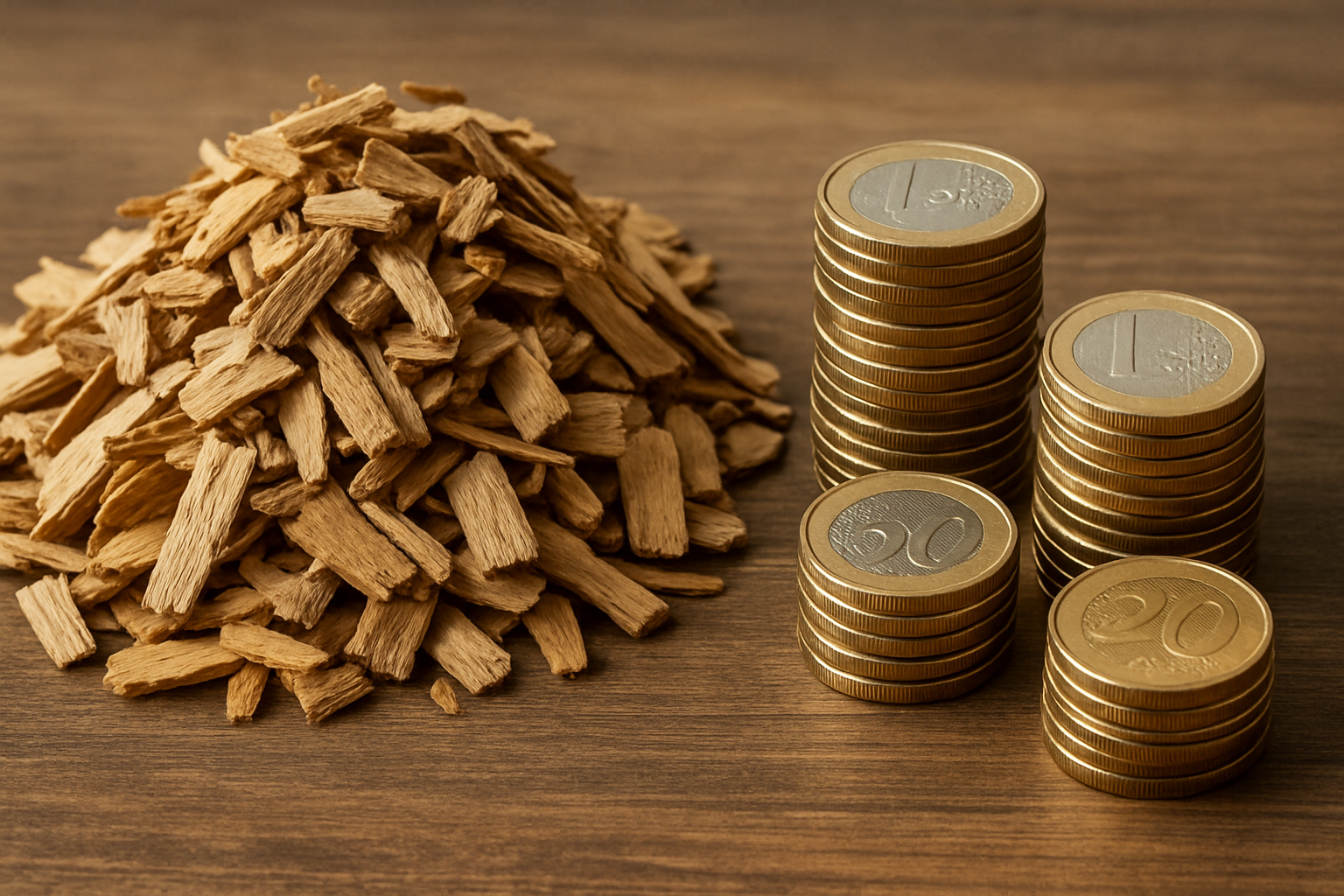 wood chips in a pile and euro coins in pile to the right-1