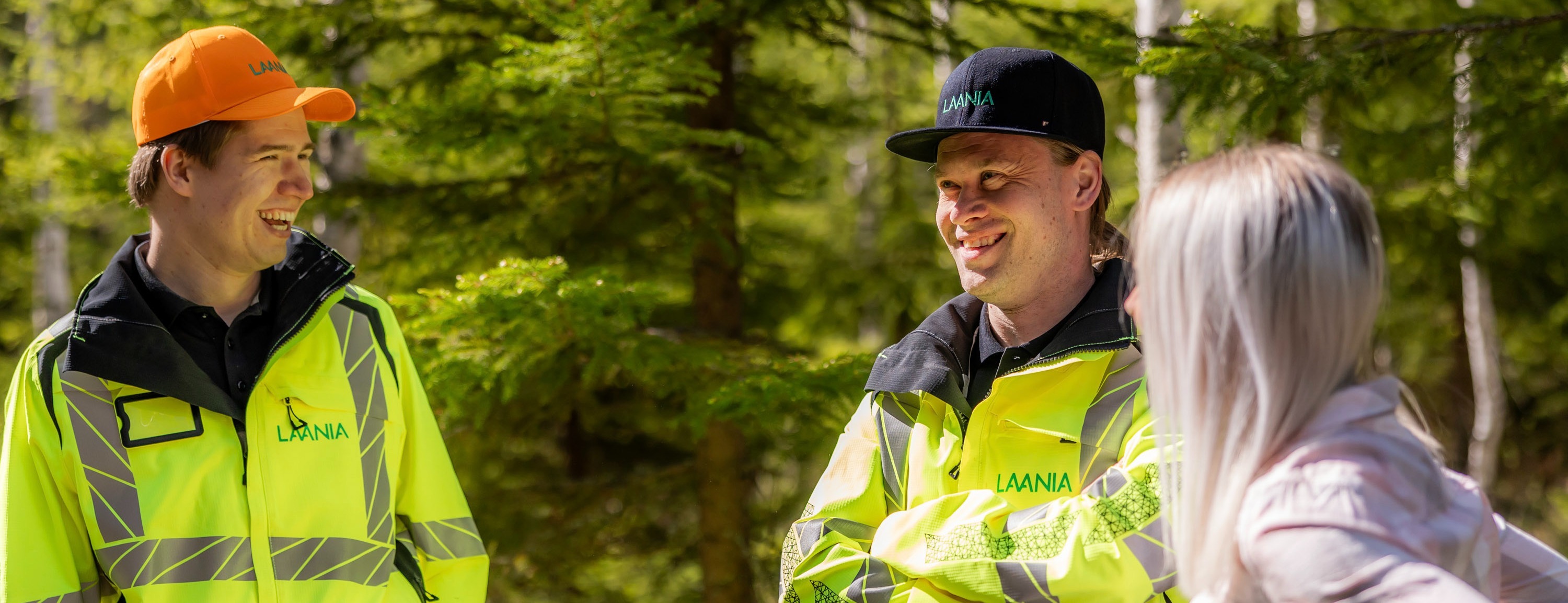 Metsäasiantuntijat ja metsänomistaja maastokäynnillä kesäisessä metsässä.