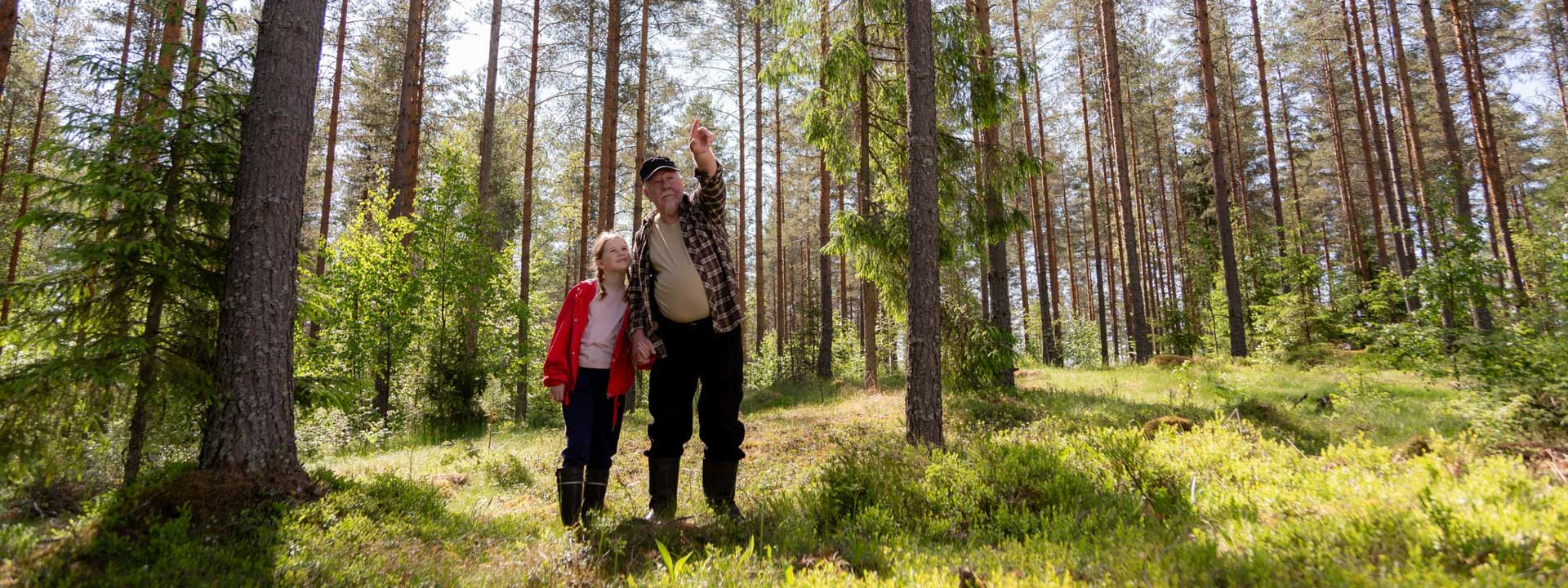 Tyttö ja pappa retkellä metsässä. Pappa osoittaa sormellaan jotakin.